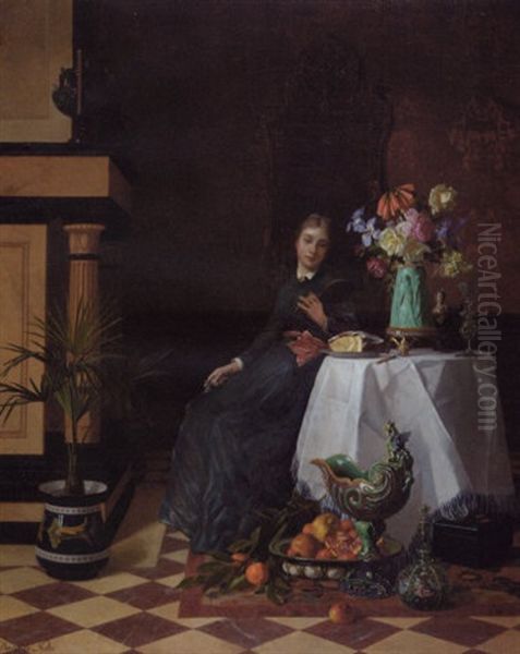A Young Lady Seated At A Table In An Interior With Flowers, Fruits And Other Objects D'arts - view 1
