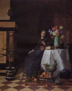 A Young Lady Seated At A Table In An Interior With Flowers, Fruits And Other Objects D'arts by David Emile Joseph de Noter
