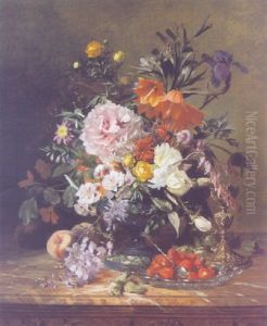 Still Life With Flowers, Peaches And Strawberries by David Emile Joseph de Noter