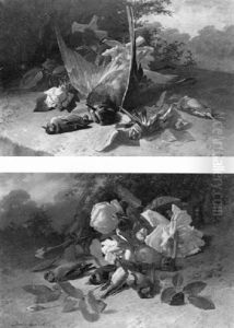 Nature Mortes Aux Fleurs Et Oiseaux Sur Fond De Paysage by David Emile Joseph de Noter