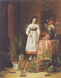 Lady With Flowers And Fruit In An Interior