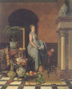 Lady With Flowers In An Interior by David Emile Joseph de Noter