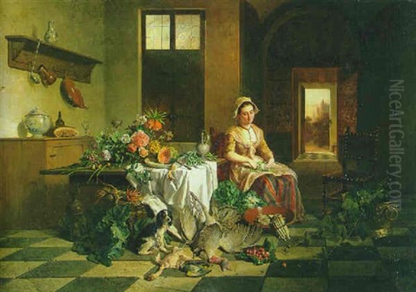 A Maid Seated In A Kitchen By A Table With Flowers, With Vegetables And Dead Fowl In The Foreground - view 1
