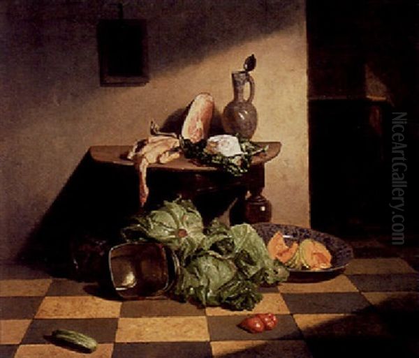 A Still Life With Ham And Melons In A Porcelain Bowl - view 1