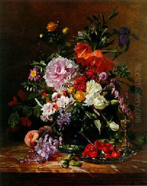 Still Life With Flowers And Strawberries On A Marble Ledge - view 1
