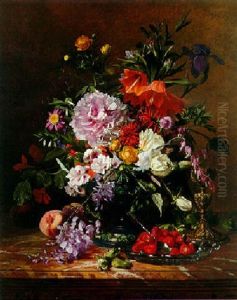 Still Life With Flowers And Strawberries On A Marble Ledge