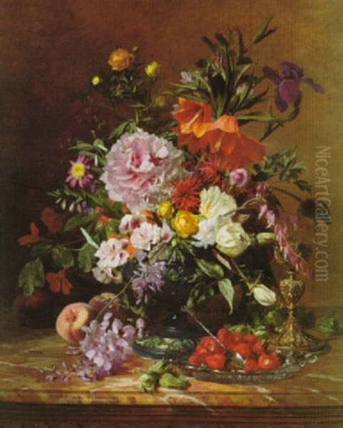 Still Life Of Flowers With Strawberries On A Marble Ledge - view 1