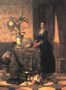 A Woman In An Interior With A Vase Of Flowers by David Emile Joseph de Noter