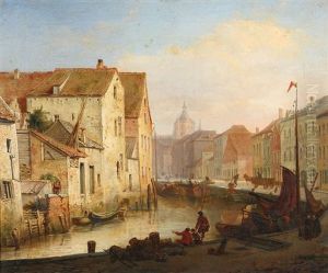 Vue A Malines Animee De Personnages Pres Du Quai Winket