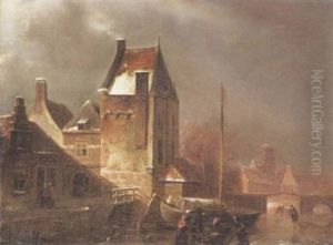 Dutch Townscape With Frozen Canal by Jean-Baptiste Andre De Noter