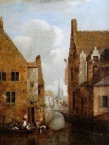 A Backwater In Bruges, With Figures In A Boat At The Steps Of A House, Bridge And Church Beyond