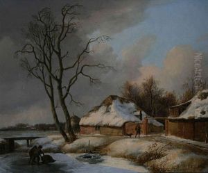 Paysage En Hiver Pres D'une Ferme Anime De Personnages Et Faible Dans La Glace by Pierre Francois de Noter