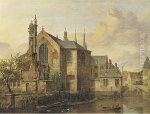Vue D'une Ville De Flandres: View Of A Church By A River by Pierre Francois de Noter