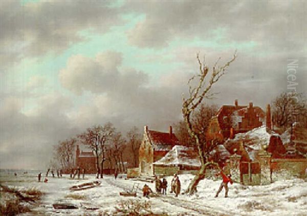 A Winter Landscape With Figures Along A Frozen Canal - view 1