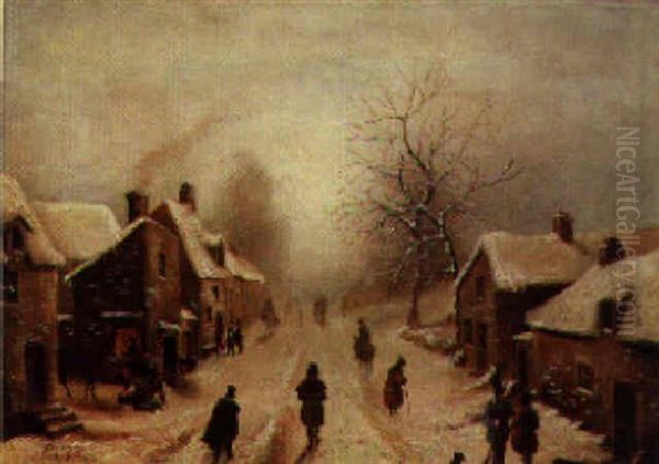 Figures In A Village Street In Winter - view 1