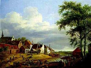 Numerous Workman Digging A Canal Near Gand, With Elegant Figures Watching, Bruges In The Distance