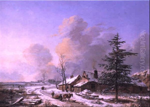 Wooded Winter Landscape With Figures On A Path By Farmhouse - view 1