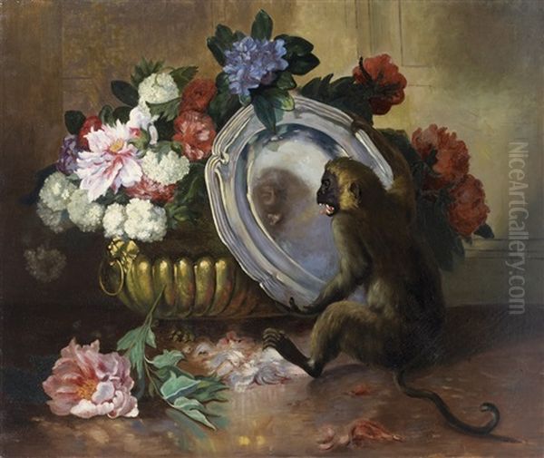Singe Devant Un Plat D'argent Et Chat Et Singe Musiciens (pair) - view 1