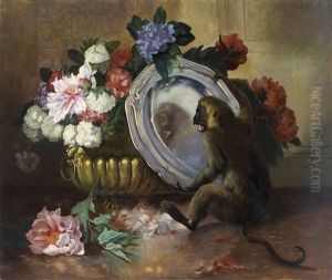 Singe Devant Un Plat D'argent Et Chat Et Singe Musiciens (pair) by Emanuel Noterman