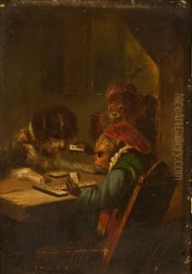 Two Monkeys And A Dog Playing Dominos by Zacharias Noterman