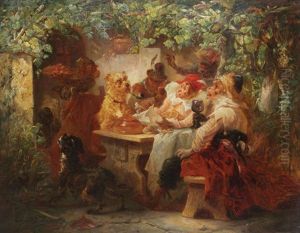 Conversation Animee Entre Cinq Singes Et Deux Chiens Sous Des Vignes by Zacharias Noterman
