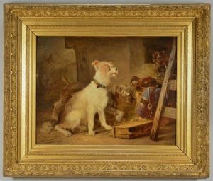 Large Interior Barn Scene Of Two Terriers With A Cat by Zacharias Noterman
