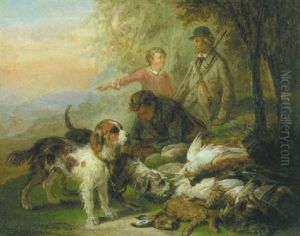 Nach Der Jagd: Zwei Jager, Bursche Und Hunde Vor Dem Am Boden Liegenden, Erlegten Niederwild by Zacharias Noterman