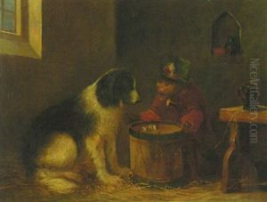 Affe Und Hund Beim Wurfelspiel Auf Einer Trommel