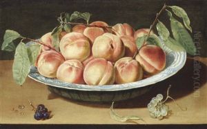 Peaches In A Blue And White Porcelain Bowl With Black And White Grapes, On A Ledge