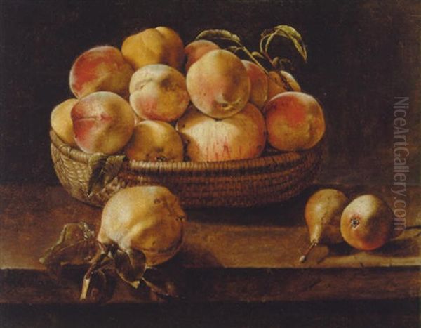 Still Life Of Apples In A Wicker Basket With Pears On A Ledge - view 1