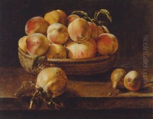 Still Life Of Apples In A Wicker Basket With Pears On A Ledge by Rene Nourisson