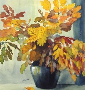 Lilacs In Blue Vase; Still Life Of Fall Foliage In Black Vase (2 Works) by Elizabeth Nourse