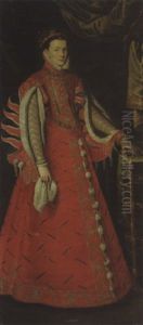 Portrait Of Isabel De Valois, Consort Of King Philip Ii Of Spain, In A Red Embroidered Dress With Slashed Sleeves by Pierre Noveliers