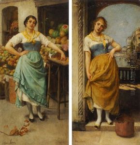 Gegenstucke: Obst- Und Gemuseverkauferin Und Junge Venezianerin by Stefano Novo