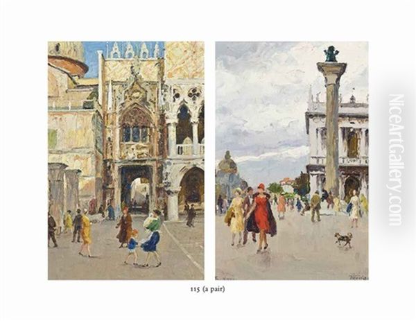 Figures Strolling On The Molo; Figures By The Doge's Palace, Venice (pair) - view 1