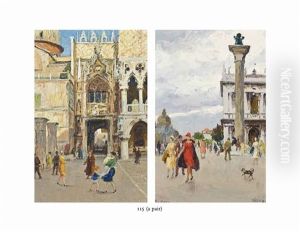 Figures Strolling On The Molo; Figures By The Doge's Palace, Venice (pair) by Stefano Novo