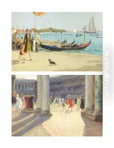 Figures In The Piazza San Marco, Venice (+ A Stroll By The Gondolas; 2 Works) by Stefano Novo