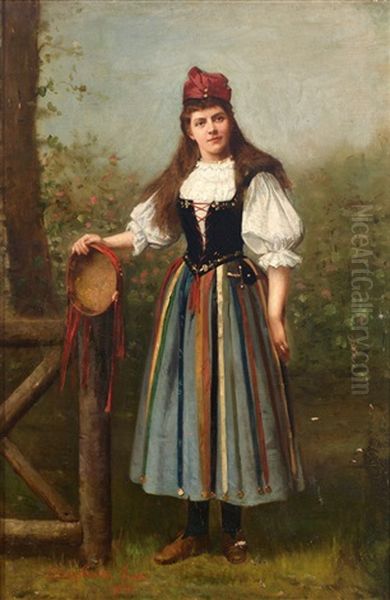 Portrait Einer Jungen Frau In Tracht Mit Tambourin - view 1
