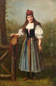 Portrait Einer Jungen Frau In Tracht Mit Tambourin by Stefano Novo