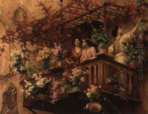 Young Beauties On A Flower-filled Balcony