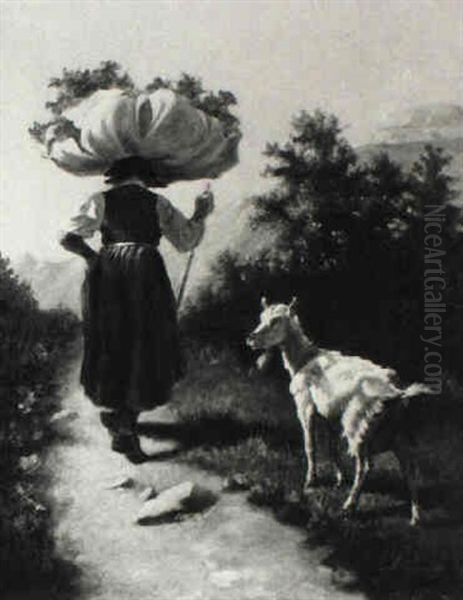 A Woman With A Goat Carrying A Bag - view 1