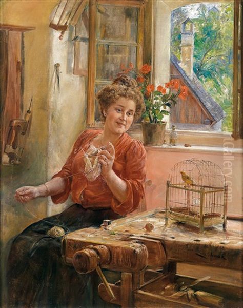 Strickende Dame Am Fenster Mit Kanarienvogel - view 1