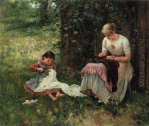 Im Garten. Mutter Und Tochterchen Sitzend by Ernst Nowak