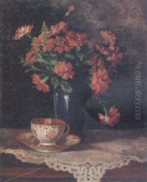 Flowers In A Blue Vase With A Cup And Saucer - view 1