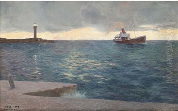 A Steamer At Trieste Lighthouse, Dusk - view 1