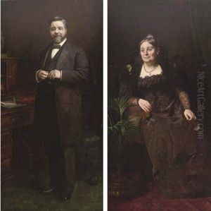 Portrait Of William Tyne In A Black Suit, Holding Glasses In A Study (+ Portrait Of Martha Tyne Seated In A Brown Dress And Tiara; Pair)