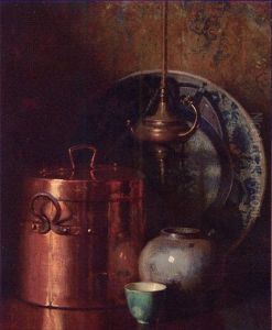 Still Life - Copper Covered Pot, Whale Oil Lamp And Porcelain by George L. Noyes