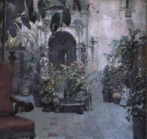 Interior Courtyard With Fountain by George L. Noyes