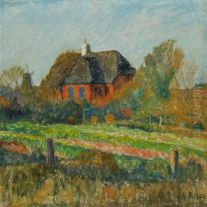 Landscape From Harboore With Red House And A Mill by Niels Bjerre