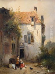A Sunlit House With Two Girls Feeding The Ducks by Wijnand Nuijen